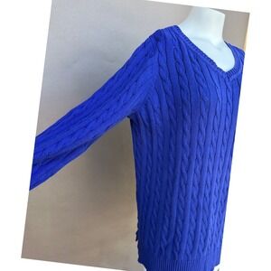 Woman Within Sweater 18/20 Blue‎ Cable Knit Cotton V-Neck Fisherman Coastal Cozy